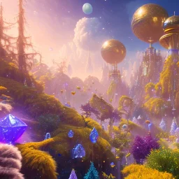 blue gold and violet landscape with multicolored crystals falling from the sky, full of details, smooth, bright sunshine，soft light atmosphere, light effect，colorful, concept art, smooth, extremely sharp detail, finely tuned detail, ultra high definition, 8 k, unreal engine 5, ultra sharp focus