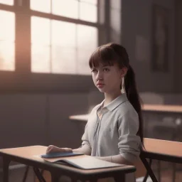 Study girl in classroom by the window ,movie, real photo realistic, unreal engine, cinematic lighting --ar 1:1 creative