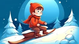 fantasy cartoon style illustration: a little boy on a sled down a snowy hill