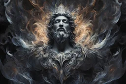 A captivating digital art piece portraying an abstract and mysterious Zeus, using dark hues and fluid shapes to convey the divine presence, (captivating digital art:1.4), (abstract and mysterious Zeus:1.5), (dark hues and fluid shapes:1.3), (expressive and divine ambiance:1.2), influenced by abstract interpretations of classical mythology and the enigmatic nature of the divine, trending on CGSociety, Intricate, Sharp focus, atmospheric lighting, (captivating:1.4), (godly ambiance:1.5)