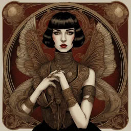 Full Body, Art Nouveau Woman With A Bob With A Fringe Hairstyle, Cleopatra Clothing, Steampunk Metal moth with red wings, Black Background