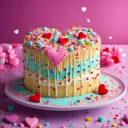 An huge adorable cake with heart shaped exagerated frosting and sprinkles,valentine theme, realistic photo, 8K