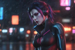 Widowmaker in 8k anime cgi artstyle, spider them, neon effect, close picture, rain, apocalypse, intricate details, highly detailed, high details, detailed portrait, masterpiece,ultra detailed, ultra quality