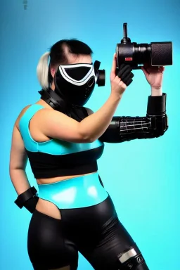 MetCyber-punk style camera-mask. Large fencing mask covers cheeks. Trim girls. Reflective plastic body surface. Camera lenses as eyes. Head full of integrated old-fashioned cameras. Golden to cyan surfaces body. Perfect body, thick thighs and calves. Selfies, old-fashioned cameras, both hands. Wide hip. Partly symmetrical. Camera lenses cover the most of the body. Euclidean 3D-tiling, Escher. Mathematically impossible. Soviet Propaganda style.