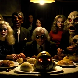 Spooky, ultra realistic distress, dining, ultra realistic hot beast, giant eye, organic hot bondes, dynamic, anguish, excited and lively scene, hypermaximalist figures, Creepy the Ring Alfred Hitchcock, Sam Raimi, insanely detailed, sinister, John Carpenter, Dario Argento, ornate