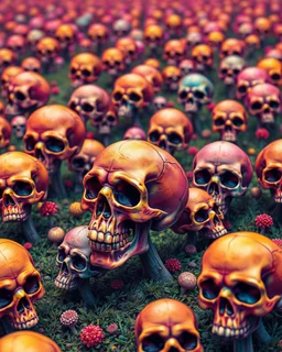 a field of skulls growing from the ground like fungus, multi colored, bright, vivid, psychedelic high detailed, matte,s