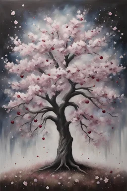 Acrylic painting of a cherry tree in bloom painted in isolation, flower petals like fine splatters falling on the ground, dense blooms, rich crown, night sky background, muted colours, fine details, dream like, atmospheric, highly detailed tree