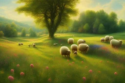 bucolic English countryside, peaceful sheep grazing in bright green grass, tiny colorful wildflowers Modifiers: extremely detailed bright studio setting 8k rose tones oil on canvas very attractive beautiful