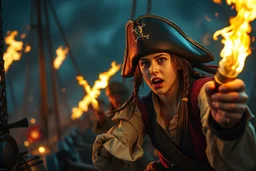 master oil painting, bad ass girl teen age nerd swashbuckler pirates fighting with torches and cannons in the night screaming like crazy as the enemy is boarding, in the style of Fallout 4 , bokeh like f/0.8, tilt-shift lens 8k, high detail, smooth render, down-light, unreal engine, prize winning