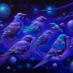 A violet outer space with alien birds painted by Karl Wiener