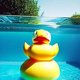 a very beautiful picture of a giant rubber duck in a pool, polaroid