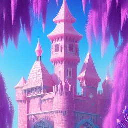 a pink castle, magical crystal pink castel, vertical light, pink and blue wisteria , pink vertical, blue lake,sharp, background vertical blue gradient vertical, elegant, highly detailed, artstation, concept art, smooth, sharp focus, illustration, 8k, splash art, wallpaper, key visual