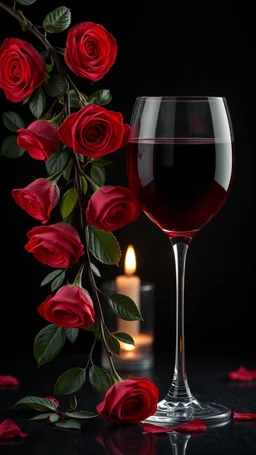 The image is a digital artwork that depicts a branch of tree of Red roses and leaves tangling down cr The background is black, which makes a branch of a tree of red roses stand out even more adding to the dreamy, ethereal quality of the image.all leaves and A big glass of red wine up in front the roses. A dim light candle in the background