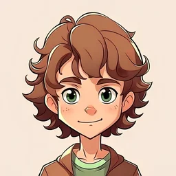tMAKE A YOUNG CARTOON CHARACTER WITH BROWN CURLY HAIR AND BROWN EYES
