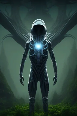 running alien portrait , black jogging suite , in the night Alps , holding leaves and coins , angels background, volumetric light, high detail, dark leaf tree, dark mountains in background, perfect, HR Giger style