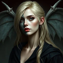 a portrait of an attractive blonde fantasy woman who is half human and half gargoyle, her face is partially made of stone, medieval, gothic, digital art, stylised