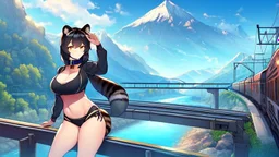 girl on the bridge,open navel, black hair, orange eyes, river, mountain,collar on neck, raccoon ears, raccoon tail, (2: big breasts), railway, train.