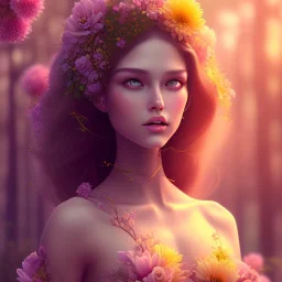 flower beautiful girl,utra realistic,parallax flowers, honeybee, fantasy art, Special Lighting, Vibrant, Solid color,color Scheme, forest, movie poster