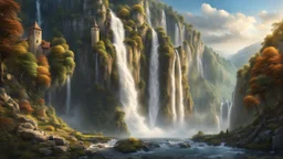 a wide waterfall falling upon a medieval european city at the end of a steep, narrow, 3.000 feet tall ravine. a masterpiece, fantasy concept art, dynamic lighting, hyperdetailed, intricately detailed, deep color, Unreal Engine, volumetric lighting, Epic cinematic brilliant stunning intricate meticulously detailed dramatic atmospheric maximalist digital matte painting