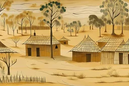 A simple beige village designed in Australian aboriginal art painted by Albrecht Durer