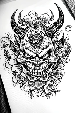 Old school tattoo sketch, black and white, sakura, japan demonic mask