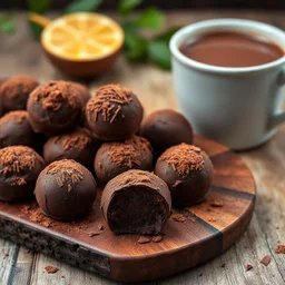 An 8K close-up of rich chocolate truffles dusted with cocoa powder, arranged on a rustic wooden board with a cup of Mexican hot chocolate beside them.