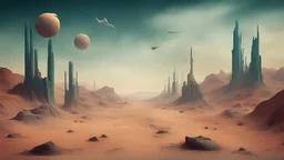 A Mirage In The Wastelands || surreal landscape, in the styles of Salvador Dali and Rene Magritte and Max Ernst, mixed media, imperial colors, cinematic, sharp focus, highest resolution