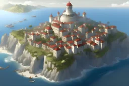 a large fantasy seaside white metropolis, realistic artstyle, large castle on a hill near the coast, big walls, tall towers, red roofs, high perspective, king's landing, constantinople, bird's eye view, high view