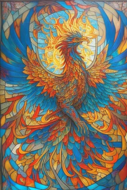 An intricate, stained-glass inspired mosaic depictingn a majestic phoenix, using vibrant hues of red, orange, and yellow ,blue andgreen to emphasize its fiery nature, surrounded by an elegant pattern of swirling flames and intricate glasswork.