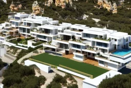 Day in algarve, aerial architectural view, modern luxury villas architecture building WITH STRAIGHT LINES AND CANNOPY in white render and wood stripe vertical elements with gold details and a modern luxury hotel building with two floors and extending covered terraces cascading, pinus pinea overlooking the golf course, green roofs and pools, sloped land with pinus pinea, hyper realistic 8k ultra render