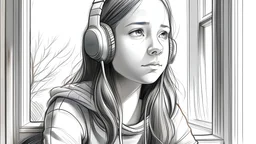 A girl drawn in pencil looks motionless out the window, the girl has headphones on her head. The camera is stable and does not move.