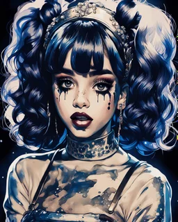 Poster in two gradually, a one side the Singer Melanie Martinez face, full body, painting by Yoji Shinkawa, darkblue and sepia tones,sinister, detailed iridescent, metallic, translucent, dramatic lighting, hyper futuristic, digital art, shot with Sony Alpha a9 Il and Sony FE 200-600mm f/5.6-6.3 G OSS lens, natural light, hyper realistic photograph, ultra detailed -ar 3:2 -q 2 -s 750,malevolent goth vampire girl face and other side