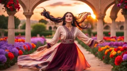 Hyper Realistic Photographic Close View Of A Beautiful Pashto Woman (With Beautiful Eyes Lips & Nose, & Long Black braid Hairstyle Whirling; Wearing Beige & Orange Gradient Frock With Maroon & Purple Stripes & white embroidery) Happily Whirling & Dancing In A Beautiful Colorful Flower Garden With Fancy Stone Arches & Rose Petals Whirling At Beautiful Cloudy Sunset Showing Dramatic & Cinematic Ambiance.