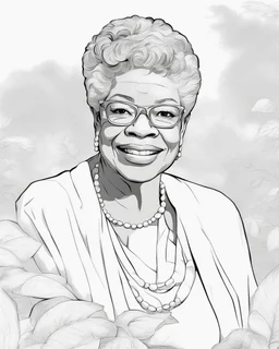 Outline art for coloring pages with MAYA ANGELOU , white background, sketch style, only use black outline, white background, no shadows and well and clear outline , white background, sketch style, only use black outline, white background, no shadows and well and clear outline