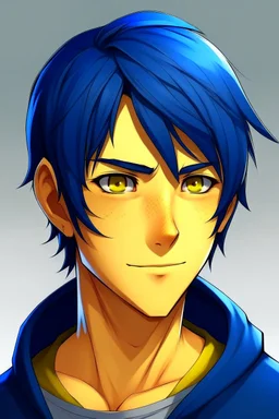 handsome young man smirking with dark blue hair and yellow eyes anime realistic