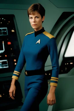 full color Portrait of 18-year-old prude Jamie Lee Curtis, with short, pixie-cut brown hair, tapered on the sides, wearing blue star trek uniform - well-lit, UHD, 1080p, professional quality, 35mm photograph by Scott Kendall
