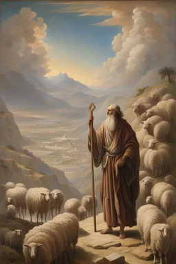 Moses stands on a mountain and holds a crooked wooden staff. Next to HIM ARE SEVERAL SHEEP, at HIS feet are stone tablets on which the ten commandments of God are written, and below is a valley with cities of Palestine where milk and honey flow. sand, palm trees and mountains. There is a silhouette of God in the sky. Everything is painted in oil painting with high-quality drawing of details