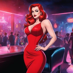 [mixing drawing with photo] the comic version of Jessica Rabbit with her iconic red dress, in a realistic high res photo of a nightclub