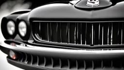 Photograph of a the front grill of a gorgeous, expensive, oldschool black muscle car with a big, black front grill, realistic, stylish, taken up close, symmetrical