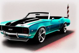 pen and color marker, true-to-life 1969 chevrolet camaro convertible pro street, two-tone paintwork, classic hotrod wheels, centered, intricate, extreme detailed, photorealism, center view, stylized random background, pivot on camaro, painting by cheryl kelley