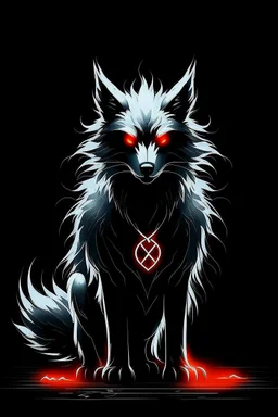 Super cool ghostly spiritual kitsune with menacing glowing eyes In a pitch-black room. It sits alone staring straightly and deeply at us, it has a painted-anime style.
