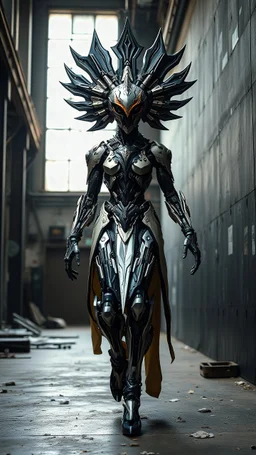 A centering dynamic view action showcasing the fusion of picasso and Neumorphic elements, depicting a fully fantasy male mecha-boy. Its intricate mechanisms are driven by interlocking dress and complex mechanical blade embedded throughout its massive deco frame. Stance walk on black mechtech wall abandone factory. no camera