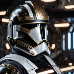 star wars bald male corellian pilot wearing pearlescent black and gunmetal grey First Order special forces armored flightsuit and helmet with gold trim inside the jedi temple, centered head and shoulders portrait, hyperdetailed, dynamic lighting, hyperdetailed background, 8k resolution, volumetric lighting, light skin, fully symmetric details