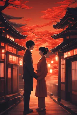 an american couple, in love, looking at each other, romantic, in Kyoto, red and orange lighting, before dark, 4k, high detail, happy, digital art