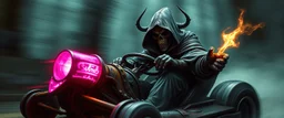 Bruflat ghost train gokart illithid crusader with gloves bewildered looks beyond really powerful, fantasy illustration in the style of Rembrandt, motion blur background