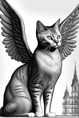 One single mature cat, angel, huge wings, Vienna, friendly, sunny day, model style, hyper realistic, extremely accurate, delicate, extremely detailed, Graphic novel style, wide-angle, open aperture, superfine pencil