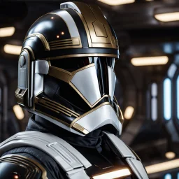 star wars bald male corellian pilot wearing pearlescent black and gunmetal grey First Order special forces armored flightsuit and helmet with gold trim inside the jedi temple, centered head and shoulders portrait, hyperdetailed, dynamic lighting, hyperdetailed background, 8k resolution, volumetric lighting, light skin, fully symmetric details