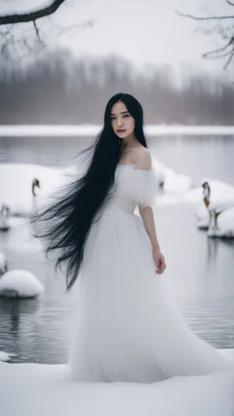 A girl with long black hair wearing a white dress. stands in front of Swan Lake surrounded by snow.cinematic