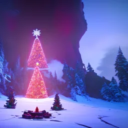 Christmas tree inside a volcano with donuts on the tree, hyper realistic, photography, rays, amazing lighting