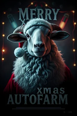 "Create a dark, atmospheric 1990s-style movie poster featuring a festive sheep with sinister Santa characteristics. Capture the eerie and haunting aesthetic of an A24 film, blending holiday cheer with a touch of mystery. Display 'Merry Xmas Autofarm' prominently in bold, gothic letters, framed by dim, eerie lights and unsettling Christmas motifs. Use muted, nostalgic colors and shadowy design elements to evoke a sense of retro holiday suspense and dark intrigue